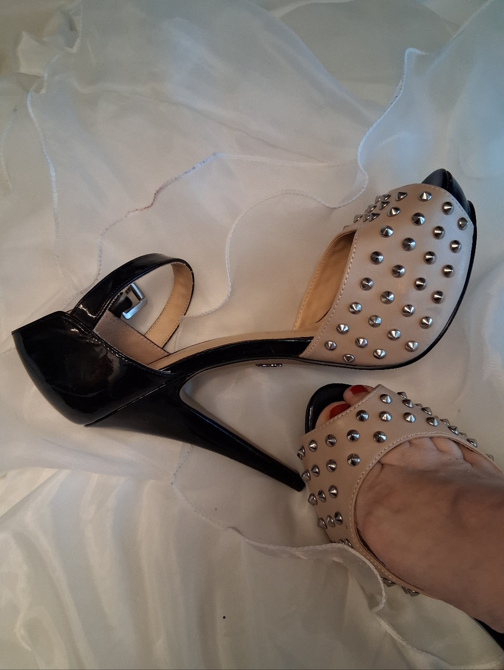Women's Loved Studded Two-Tone Peep-Toe High Heels - Nude and Black